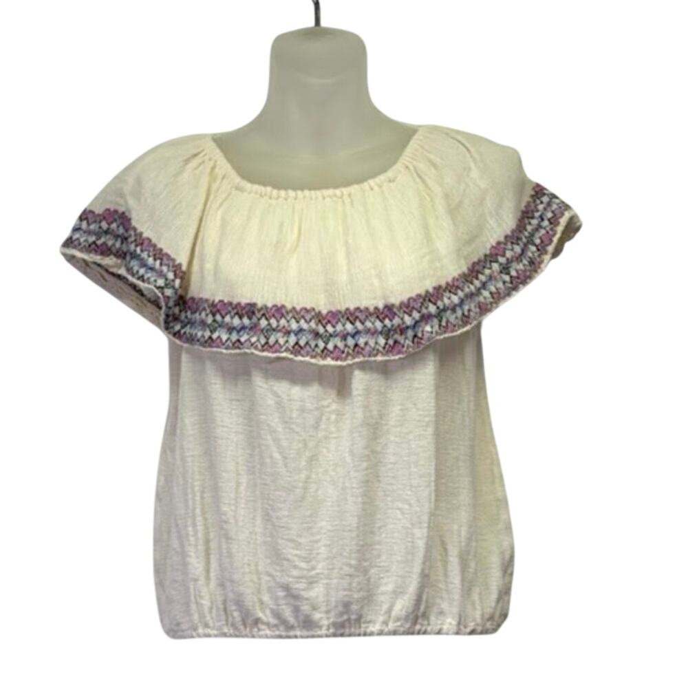 BILLABONG Off the Shoulder Cream Embroidered Ruffle Crop Peasant Top Size M